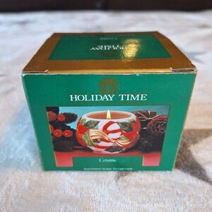 Vtg Candy Cane Poinsettia Ceramic Votive Candle Holder Tea Light NIB w/candle